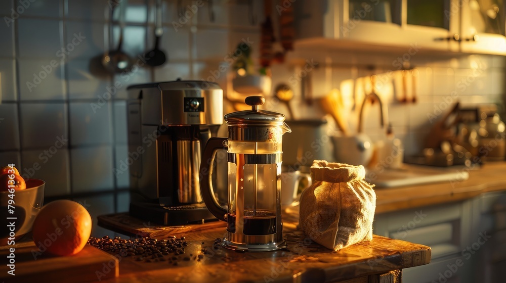 cozy kitchen scene with a French press and a bag of freshly ground coffee, promising a comforting morning ritual. cozy kitchen scene with a French press and a bag of freshly ground coffee, promising a comforting morning ritual.
