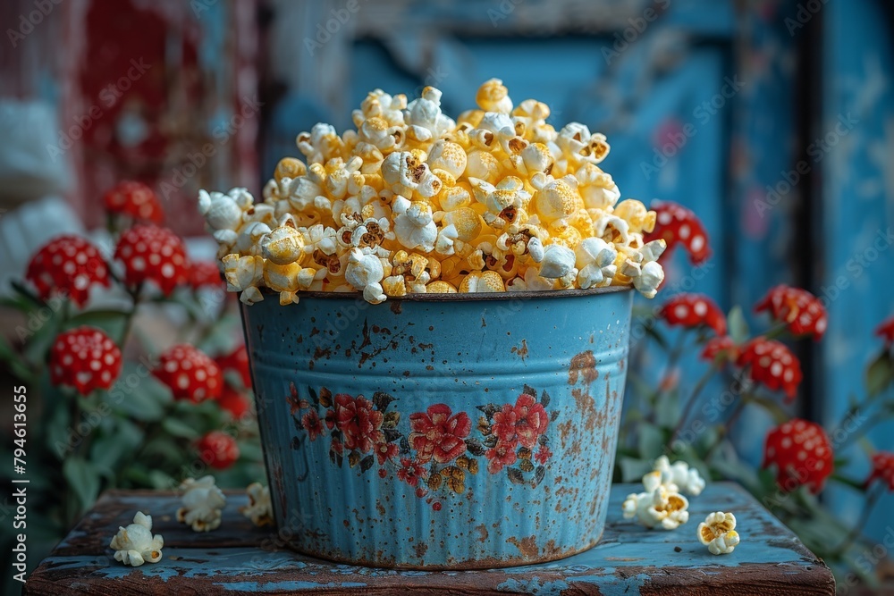 Crunchy popcorn snack in a red and white stripline paper box placed on a red floor of a movie theater or cinema for commercials. Generative AI. Crunchy popcorn snack in a red and white stripline paper box placed on a red floor of a movie theater or cinema for commercials. Generative AI.
