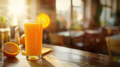 glass of citrusy orange juice served on a contemporary table, sunlight streaming through, highlighting its refreshing appeal.