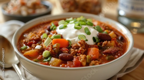 A hearty bowl of chili made with lean ground turkey beans and vegetables topped with a dollop of Greek yogurt and chopped green onion. 2d flat cartoon.
