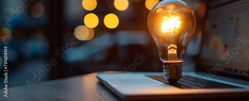 Laptop, lightbulb and business idea or innovation solution as creative startup, visionary or invention. Bokeh, bright and internet connection or inspiration growth, problem solving or banner