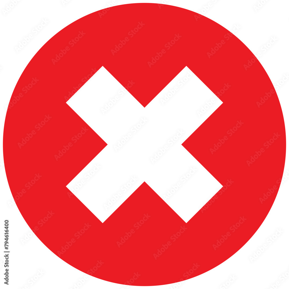 Red cross mark icon in round shape, simple control panel flat design ...