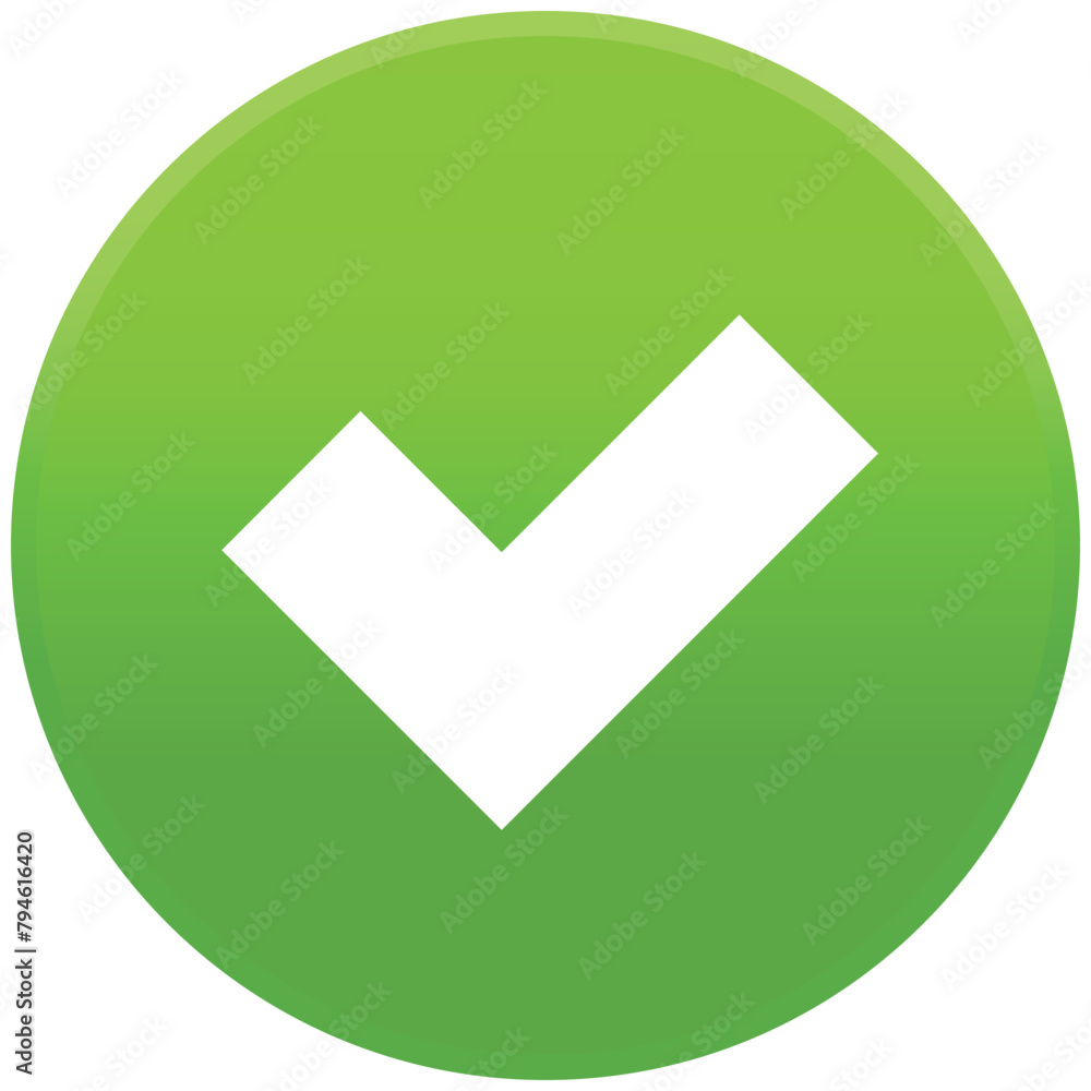 Green check mark icon in round shape, simple control panel flat design vector pictogram, infographic interface elements for app web button ui ux isolated on white background Green check mark icon in round shape, simple control panel flat design vector pictogram, infographic interface elements for app web button ui ux isolated on white background