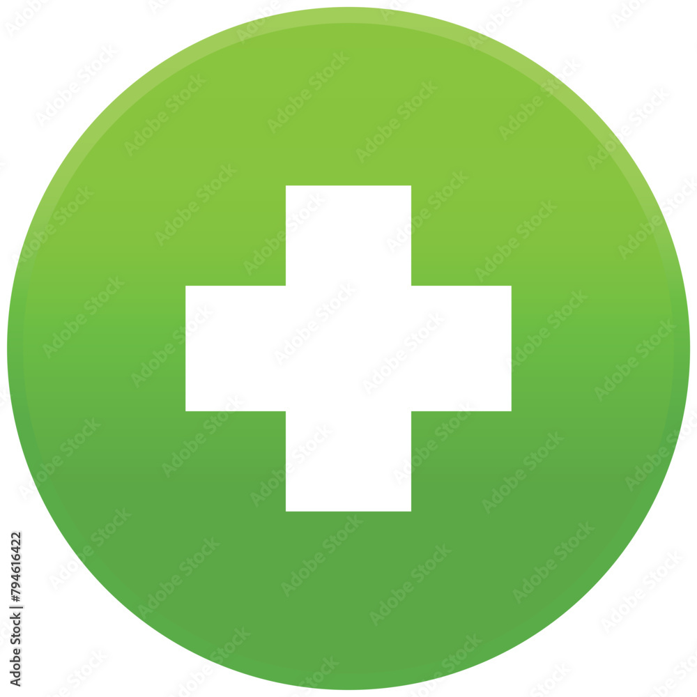 Obraz premium Black single green round add mark button icon, simple math or cross mark flat design concept vector for app ads web banner button ui ux interface elements isolated on white background