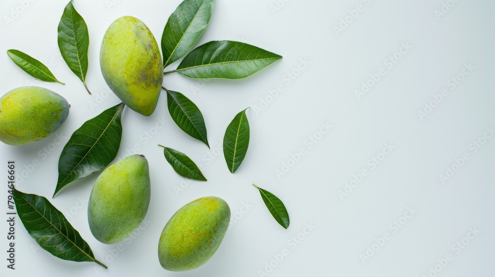 Close up of ripe mangoes and leaves on white surface