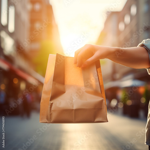 girls hand with a lot of shopping bags in the sunset street closeup to bags ultra realistic 4k