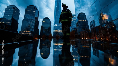 A silhouette of a firefighter standing in front of a reflective skyser their reflection blending into the city skyline symbolizing the bravery needed in the midst of urban emergencies. .