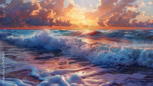  A serene moment captured as waves embrace the shore under a canvas of vibrant hues during sunset. 
