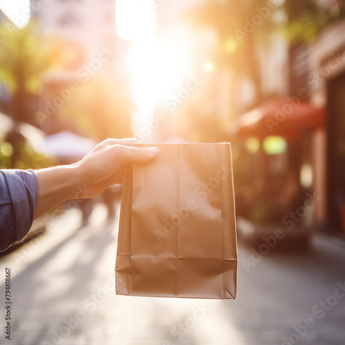 Woman walks on street and carrying reusable mesh bag after shopping. City life photo