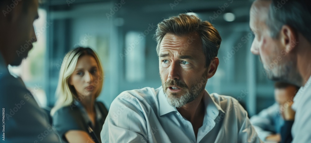 A tense meeting room scene, where a businessman is seen in heated discussion with colleagues, his expression and body language exuding stress and the weight of decision-making. A tense meeting room scene, where a businessman is seen in heated discussion with colleagues, his expression and body language exuding stress and the weight of decision-making.