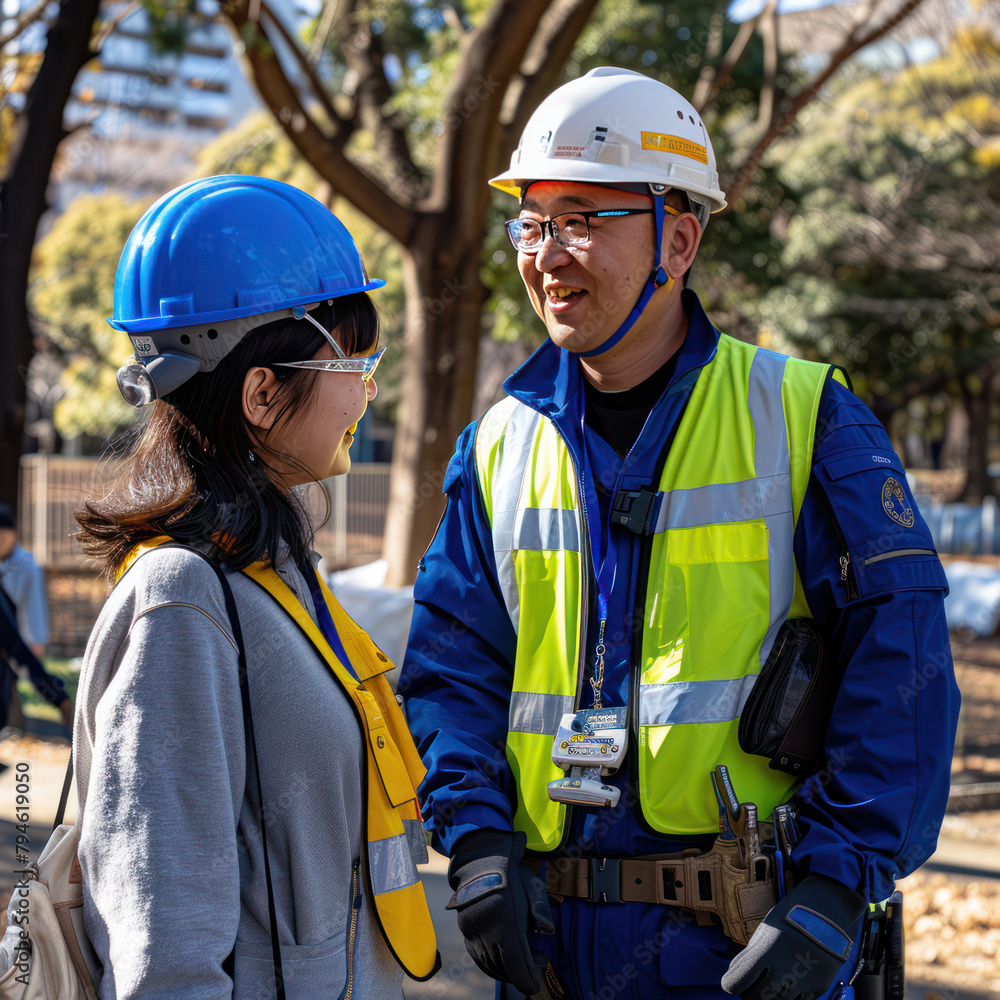 Fototapeta premium A Japanese security guard wearing a blue work uniform