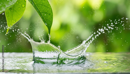 Splash water with raindrops with glass effect in nature during the rain