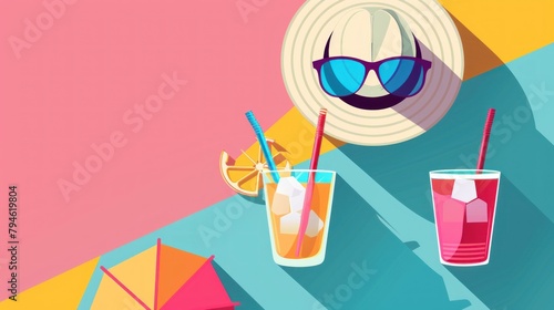 Flat illustration, A beach scene with a straw in a glass of orange juice.