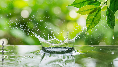 Splash water with raindrops with glass effect in nature during the rain