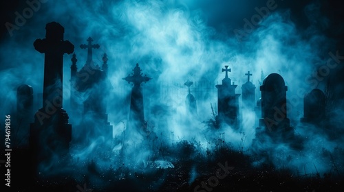 Spooky Graves in Dense Fog A Haunting Cemetery Scene