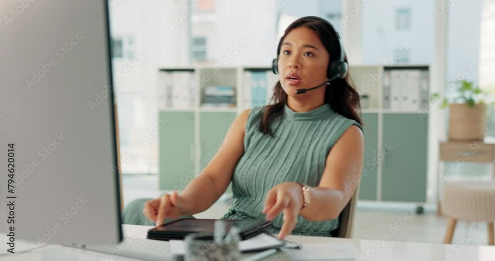 Business, customer support and woman in call center office for services, advice or help with headset. Technology, CRM and agent with documents for information, talking or online sales at desk Business, customer support and woman in call center office for services, advice or help with headset. Technology, CRM and agent with documents for information, talking or online sales at desk