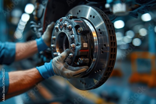 A man is working on a car wheel, wearing gloves. Concept of precision and attention to detail, as the man carefully handles the wheel