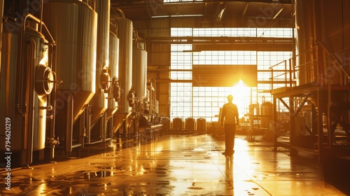 A worker overseeing the automated line, their figure silhouetted against the backdrop of the bustling machinery and the bright, sunlit brewery floor photo