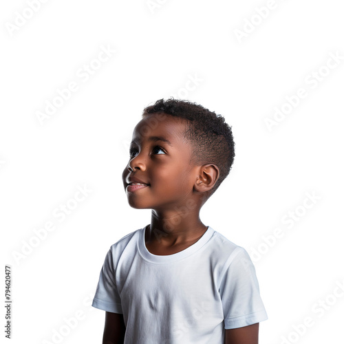 Portrait of a smiling African American kid looking up, happy little child isolated on white background