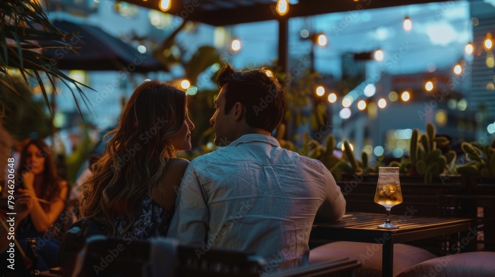 A couple sits side by side looking out into the distance as they savor the intimate atmosphere of the rooftop party. . .
