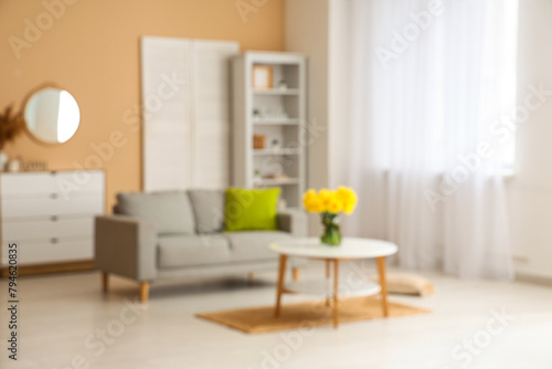 Comfortable sofa with cushion and daffodil flowers in vase in living room © Pixel-Shot