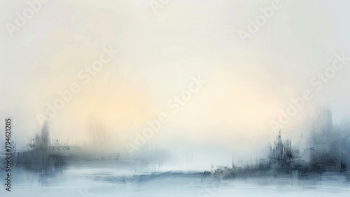 An abstract canvas where the gentle interplay of translucent, soft colors forms a minimalist yet evocative background, suggesting the quiet beauty of a foggy morning landscape