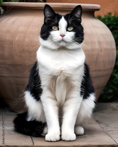 Black and white cat in front of a vase. 