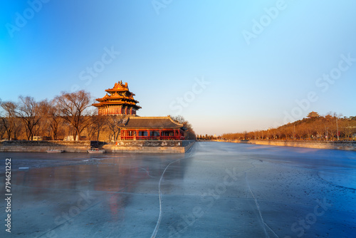 Corner Tower of the  Forbidden City and Jingshan Park in the Morning in Winter photo