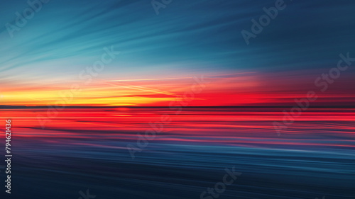 An abstract interpretation of a sunset, where bold streaks of red and orange melt into a serene blue, symbolizing the fusion of day and night © Faizan