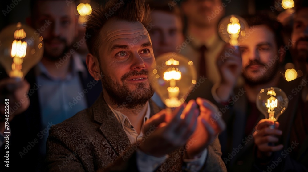 An engaging moment where one businessman presents a glowing lamp to his colleagues, their faces illuminated by the light, representing the sharing and nurturing of a new concept within the team.