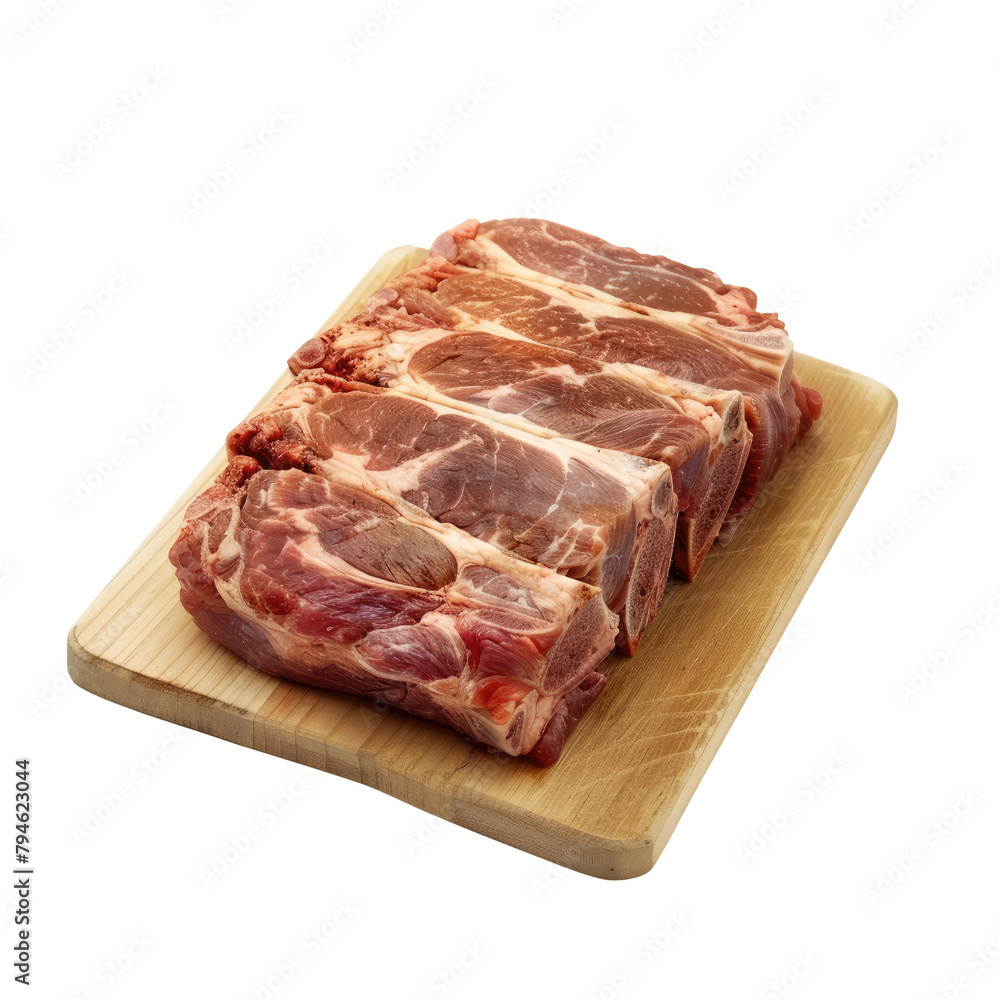 A succulent piece of pork showcased on a cutting board against a seamless transparent background