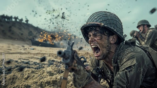 American soldier screaming on Normandy beach during D-day landings