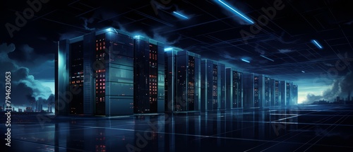 Data center at night, photorealistic, dark tones with impressionistic highlights