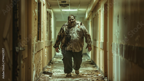 Fat zombie man walks down horror corridor