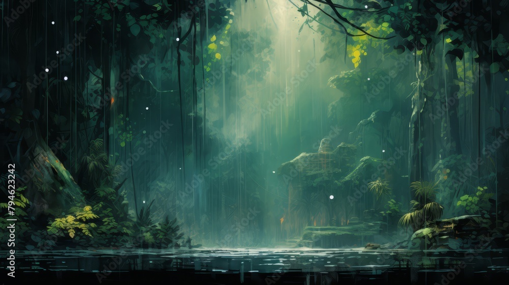 dense rainforest with dripping leaves, impressionistic style, wide copy space