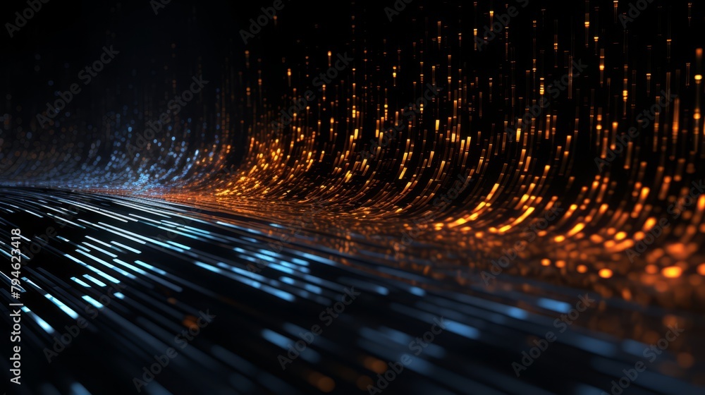Dark abstract 3D visualization of binary code, flowing dynamically Dark abstract 3D visualization of binary code, flowing dynamically