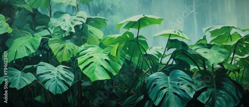 impressionistic rain-drenched tropical leaves, wide copy space