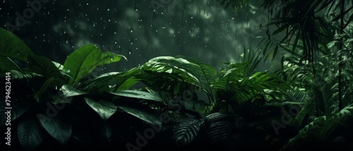 rainy jungle canopy, droplets on lush greenery, minimalist design with copy space