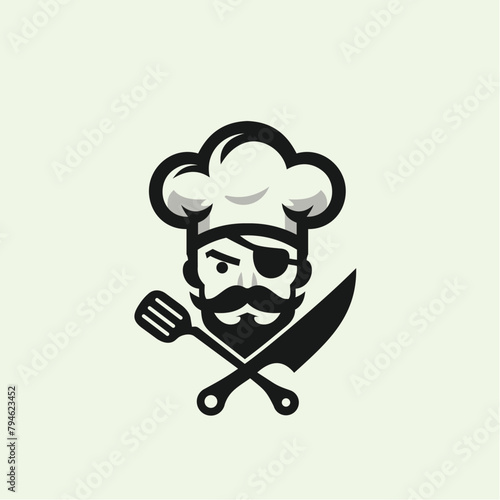 Pirates Chef, a pirate with a spatula and butcher knife logo design
