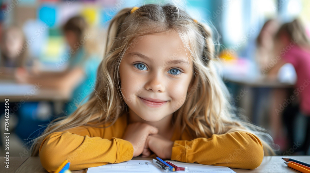 Learning, drawing and portrait of girl in classroom exam, education or studying with book. Preschool smile, development and happy kid or student coloring for creative art in notebook in kindergarten. Learning, drawing and portrait of girl in classroom exam, education or studying with book. Preschool smile, development and happy kid or student coloring for creative art in notebook in kindergarten.