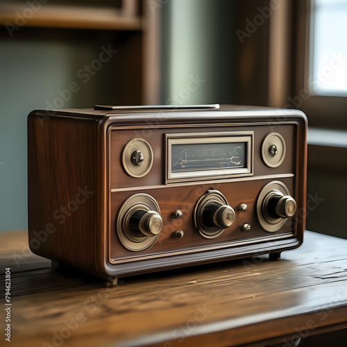 Wallpaper Mural Antique radio on wooden table modern knob - generated by ai Torontodigital.ca