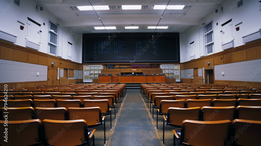 Fototapeta premium Interior Of A Modern Kindergarten Classroom. Interior of a Montessori kindergarten. Empty Modern Classroom With White Interactive Board. Bright school classroom with all chair facing forward. 