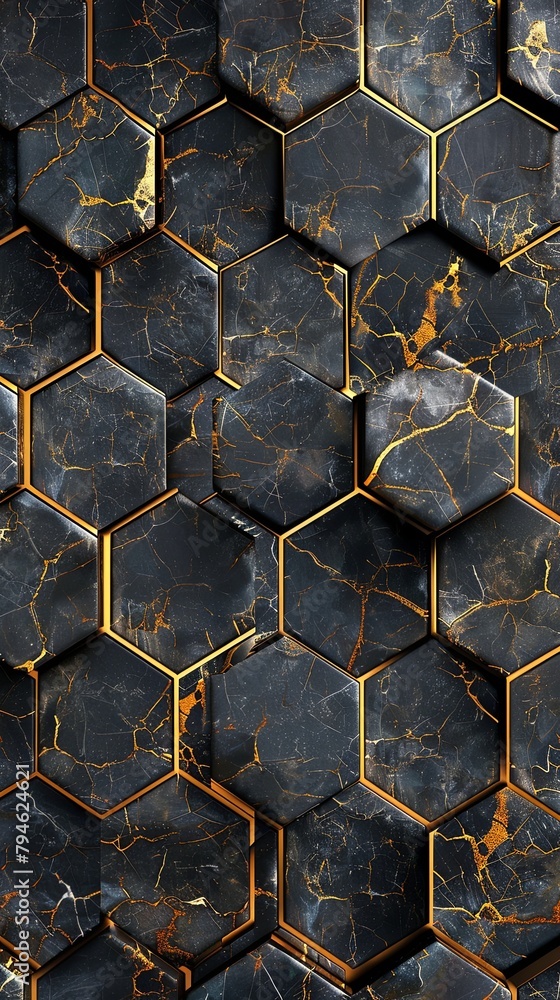 Luxurious Gold-Infused Hexagon Mosaic on a Sophisticated Black Luxurious Gold-Infused Hexagon Mosaic on a Sophisticated Black
