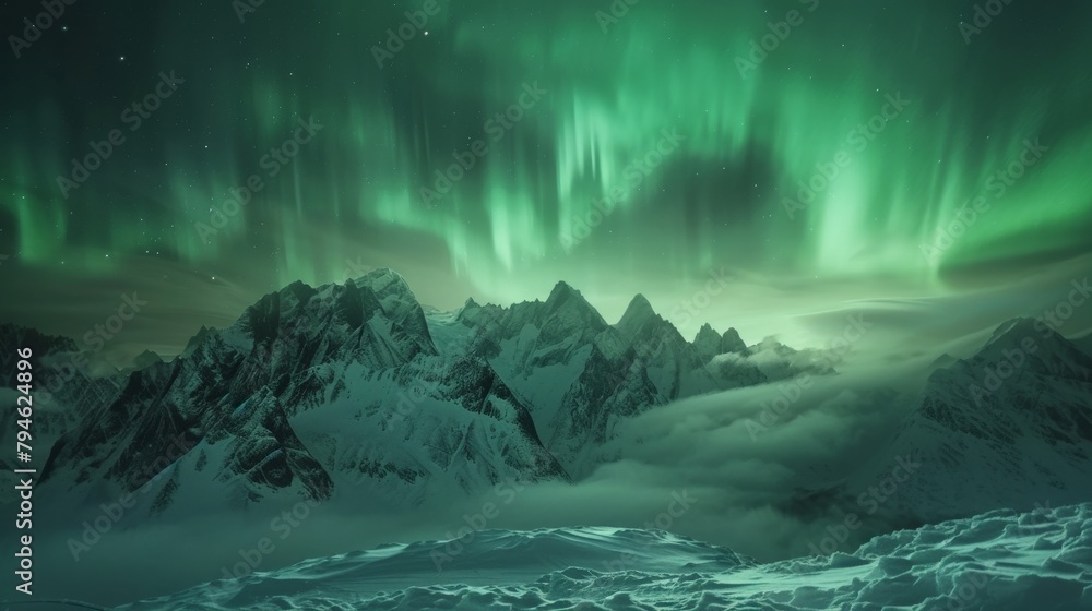 A breathtaking view of the Northern Lights over a snowy mountain range