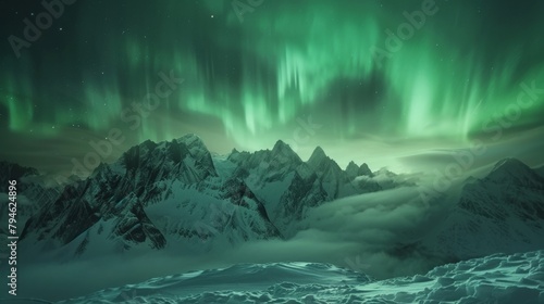 A breathtaking view of the Northern Lights over a snowy mountain range © Sasint