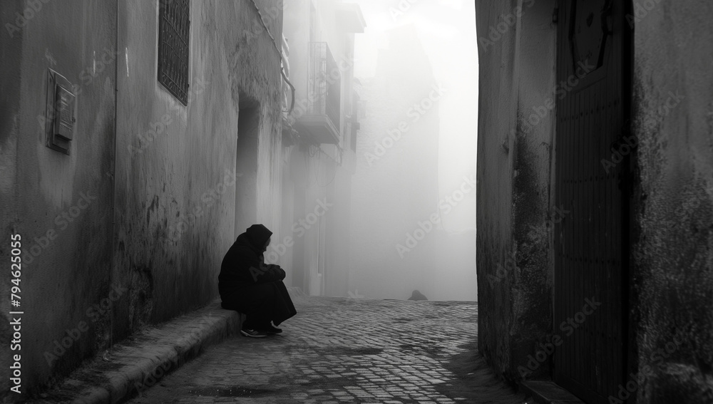 Lonely Figure in Traditional Attire in a Misty Ancient Alley
