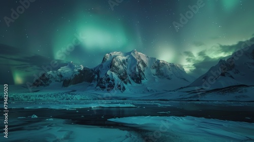 A breathtaking view of the Northern Lights over a snowy mountain range © Sasint