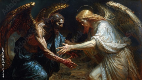 The dimension of spiritual struggle: battle between God and the devil, heaven and hell, Jesus Christ and Lucifer, dialectic of good and evil, light and darkness, inner struggle of the human spirit.