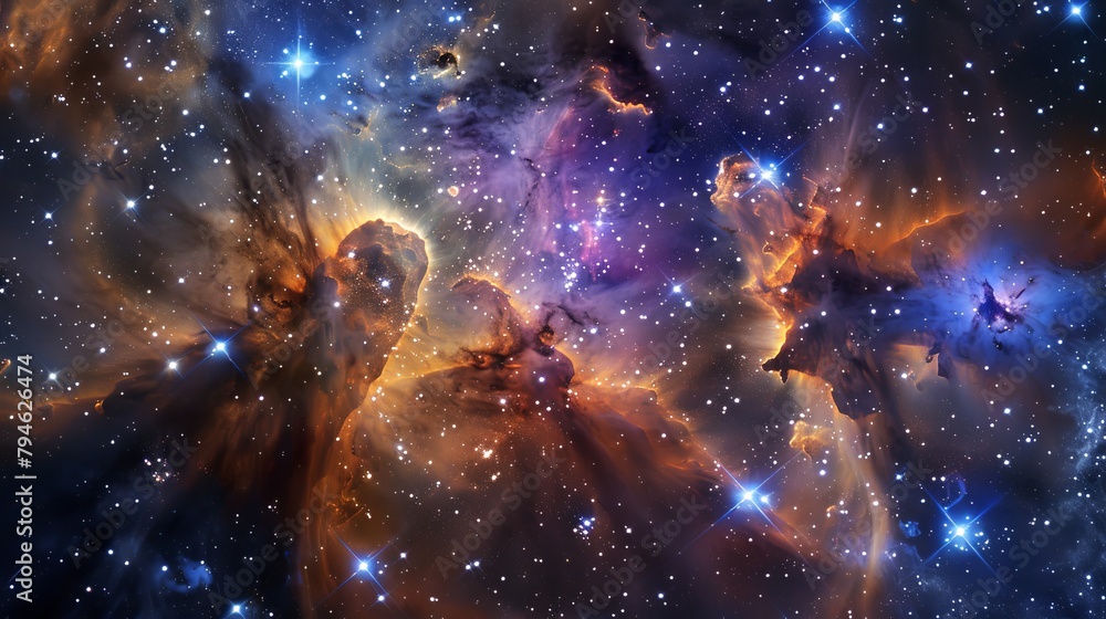 Fototapeta premium Within the cosmic neighborhood of our Milky Way galaxy, the close proximity of celestial bodies and interstellar clouds forms a vast cosmic landscape teeming with activity and intrigue.