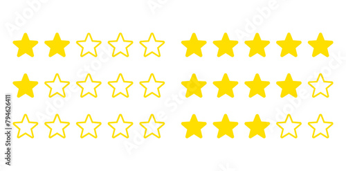 Product rating or customer review with gold stars set collection. Graphic symbol flat design interface illustration elements for app ui ux web banner button vector isolated on white background